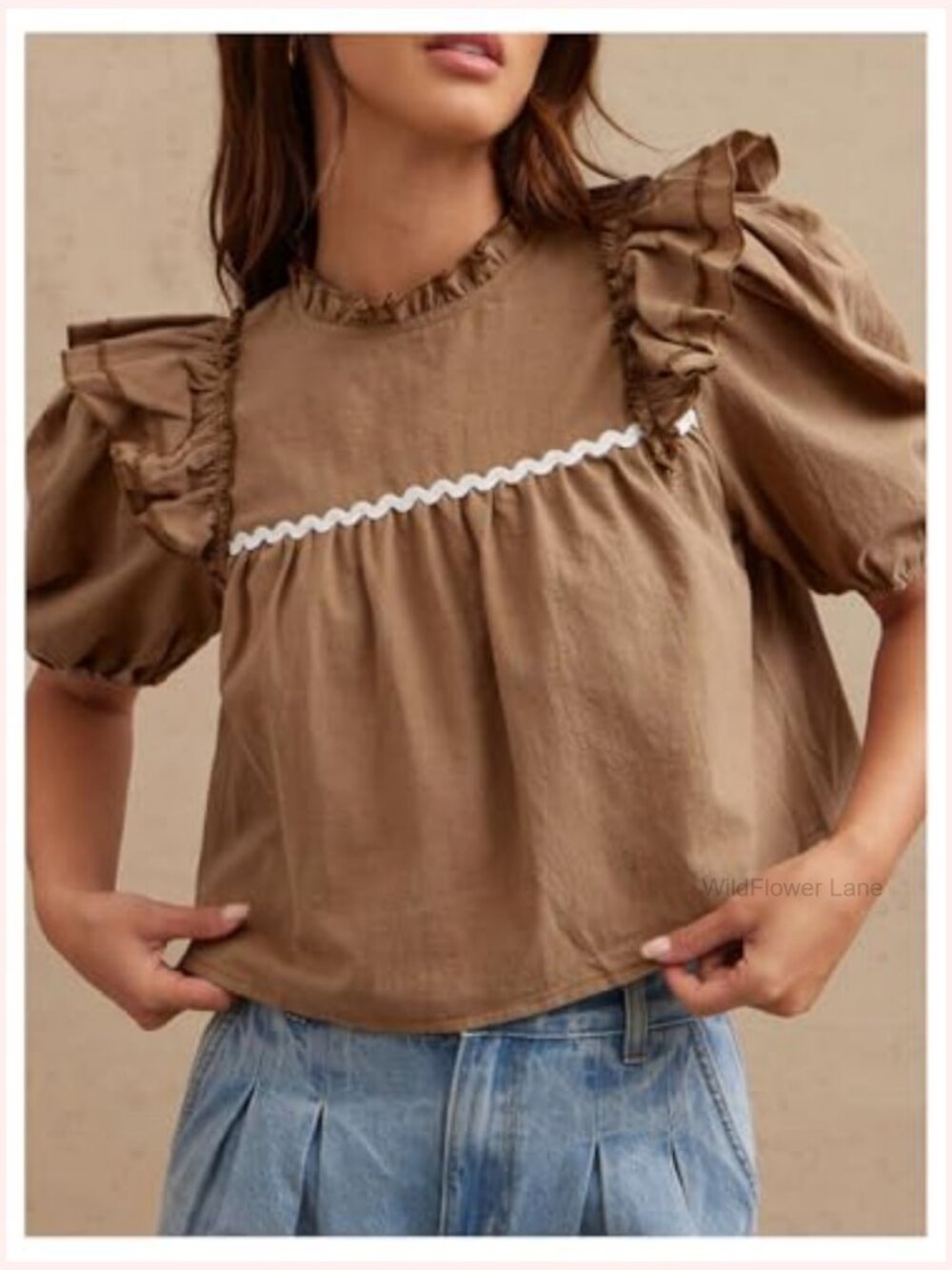 Puff Sleeve Crop Top Babydoll Mock Neck Ruffle Blouse Dressy Casual - Picture 5 of 5
